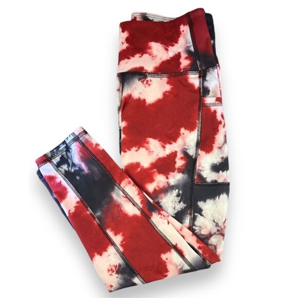 SH Red Black Tie Dye Yoga Legging sz L Contour Stitching Side Pockets - Picture 5 of 5